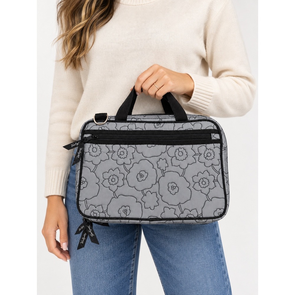 Thirty-One Gray Poppy Quilted Double Zip Cosmetic Travel Bag Organizer Retired